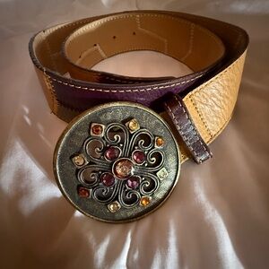 Elegant and Unique Tan Brown Leather Belt with Ornate Buckle, Like New!